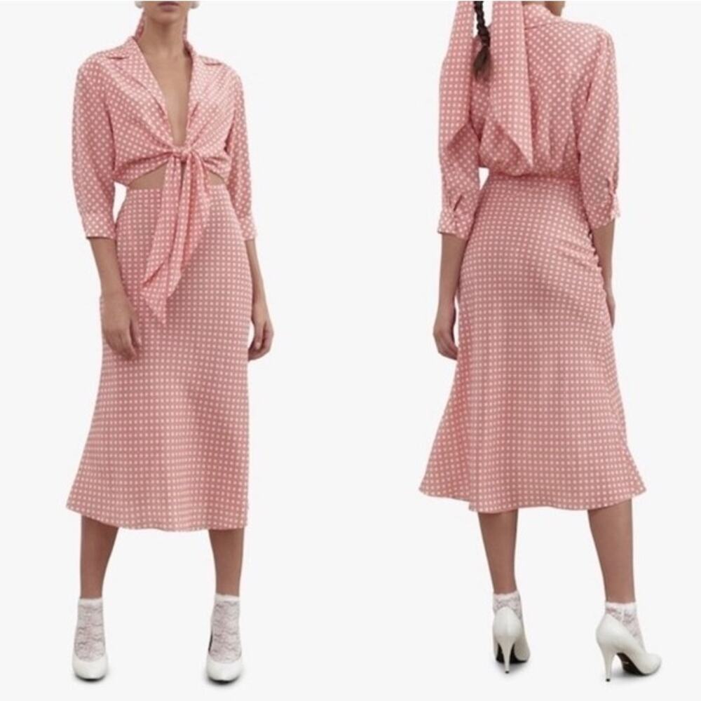 Ronny Kobo Carol Tie Front Pink White Polka Dot Size Medium Midi Dress